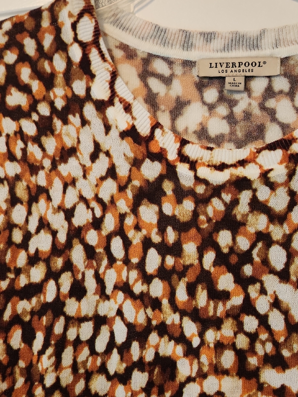 Liverpool Raindrop-Print Crewneck Sweater in Brown, Cream & Orange,  size Large